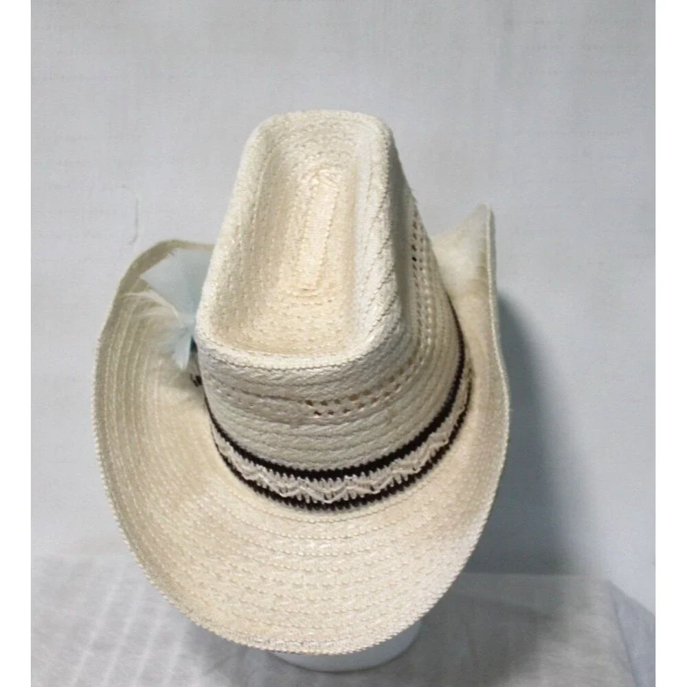 Cowgirl Hat, Tan Straw Rancher Feather Brim Trim White Tan Medium 6 7/8